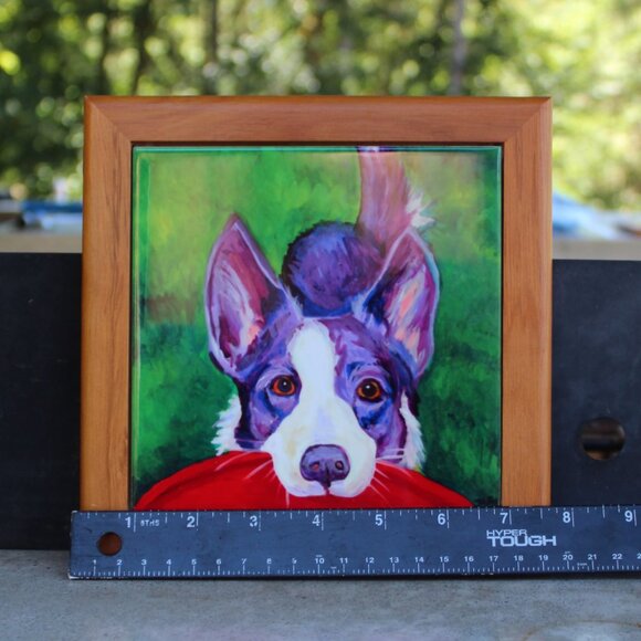 Hand Painted Black and white cattle dog Framed Art Tile 7.5" x 7.5" Framed - Picture 2 of 5